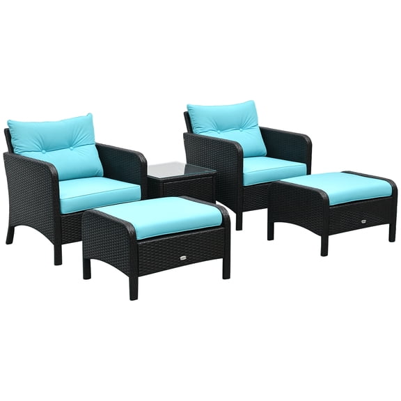 SSLZ 5 Pieces Rattan Wicker Lounge Chair Outdoor Patio Conversation Set with 2 Cushioned Chairs, 2 Ottomans and Tempered Glass Top Coffee Table, Brown/Blue
