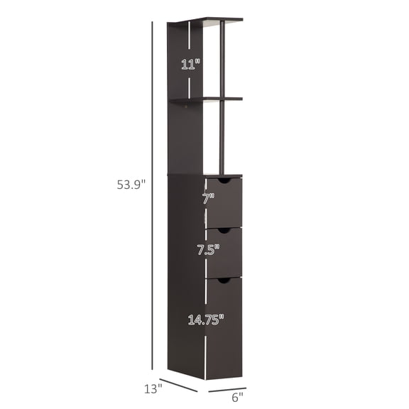 SSLZ 54" Tall Bathroom Storage Cabinet, Freestanding Linen Tower with 2-Tier Shelf and Drawers, Narrow Side Floor Organizer, Brown