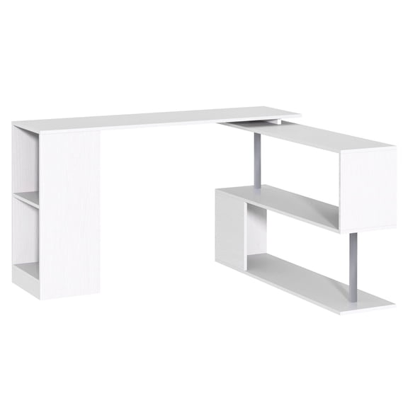 SSLZ 55" 360 Rotating Corner Computer Desk Modern L-Shaped Home Office Workstation with 3-Tier Storage Shelves, Bookshelf, White