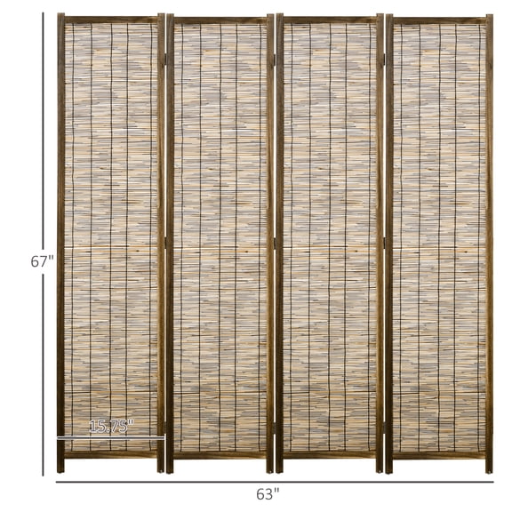 SSLZ 63"x67"x0.75", Brown Hand Woven Room Divider, 4 Panel Folding Privacy Screen, Indoor Reed Partition Wall,