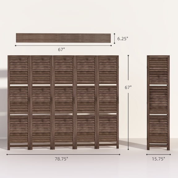 SSLZ 67" 5 Panel Tall Wood Privacy Screen Room Divider with 3 Shelves and Folding Storage for Bedroom, Walnut