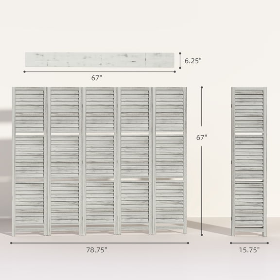 SSLZ 67" White 5 Panel Tall Wood Privacy Screen Room Divider with 3 Shelves and Folding Storage for Bedroom, Distressed