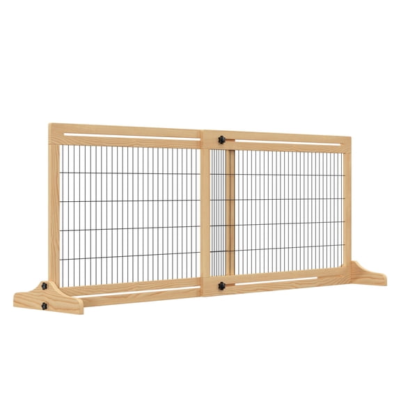 SSLZ 71" W x 27" H Extra Wide Freestanding Pet Gate with Adjustable Length Dog, Cat, Barrier for House, Doorway, Hallway, Natural