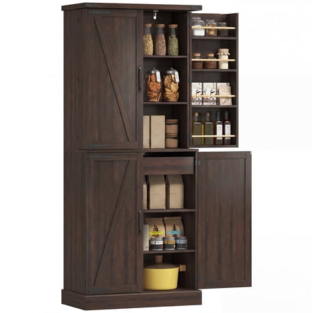 SSLZ 72" Tall Kitchen Pantry Cabinet, Farmhouse Storage Cabinet with 8 Door Racks and Adjustable Shelves, Distressed Brown