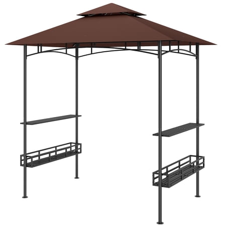 SSLZ 8' x 5' BBQ Grill Gazebo, 2-Tier Outdoor BBQ Gazebo with 2 Side Shelves, Storage Baskets, Ceiling Hook, Dark Brown