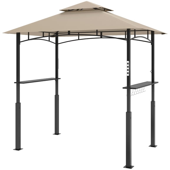 SSLZ 8' x 5' Outdoor Grill Gazebo, Barbecue Gazebo Shelter with LED Light, 2 Side Shelves, Hooks, Bottle Opener, Khaki