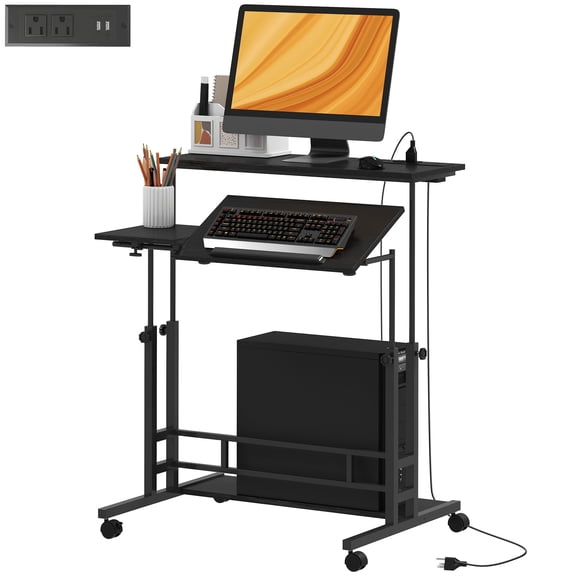 SSLZ Adjustable Standing Desk with Power Outlets, Stand Up Desk with Tiltable Tabletop, Wheels, Shelf, for Home Office, Black