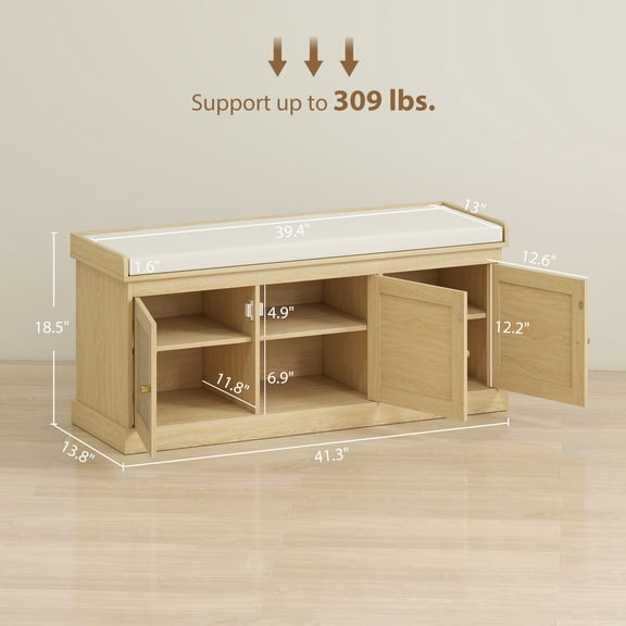 SSLZ Bench Bench, Shoe Storage with Woven Rattan Doors, Cushion, Adjustable Shelves, Entryway Oak Tone