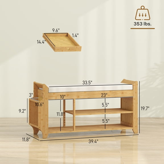 SSLZ Bench Natural Cream Shoe with Cushioned Seat Storage Side Umbrella Holder for Entryway and