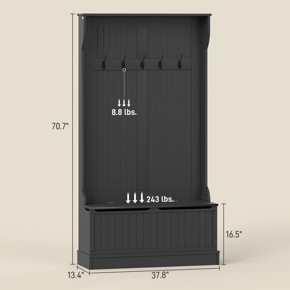 SSLZ Bench Rack, Black 3-In-1 Entryway with Coat Hall Tree and Shoe Storage, 5 Hooks for Hallway