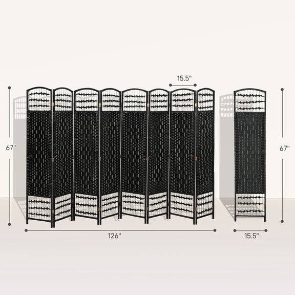 SSLZ Black 8 Panel Folding Room Divider Portable Privacy Screen Wave Fiber Partition for Home Office