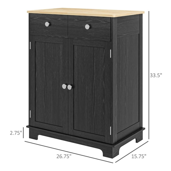 SSLZ Black Kitchen Storage Cabinet, Sideboard Floor Cupboard with Solid Wood Top, Adjustable Shelf, and 2 Drawers, Distressed