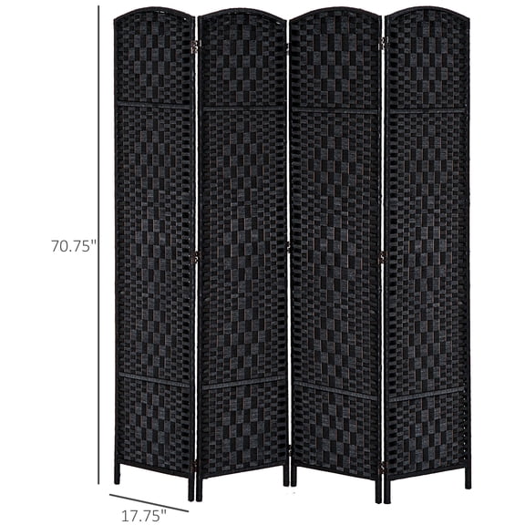 SSLZ Black Room Divider 4 Panel, 6FT Tall Folding Privacy Screen, Freestanding Hand-Woven Partition for Separation with 360 Hinges, Paper Rope Diamond Weave,