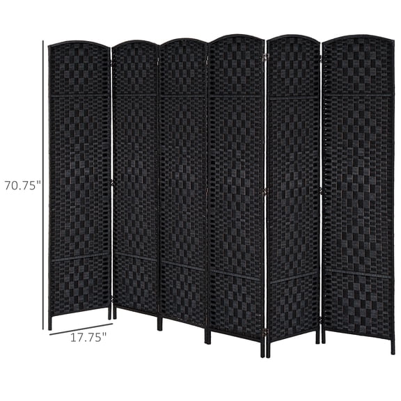 SSLZ Black Room Divider 6 Panel, 6FT Tall Folding Privacy Screen, Freestanding Hand-Woven Partition for Separation with 360 Hinges, Paper Rope Diamond Weave,