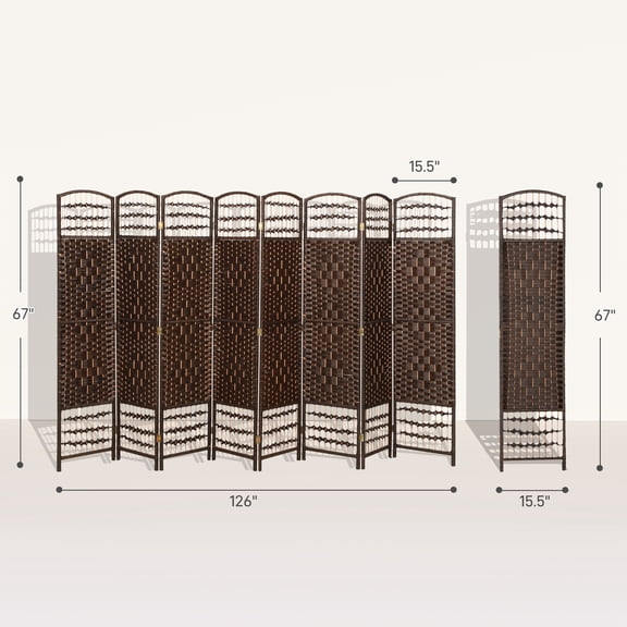 SSLZ Brown 8 Panel Folding Room Divider Portable Privacy Screen Wave Fiber Partition for Home Office