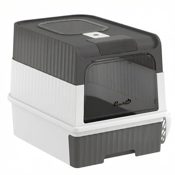 SSLZ Cat Litter Box Hooded Cat Litter Tray with Drawer Pan Front Entry & Top Exit Easy Cleaning Gray