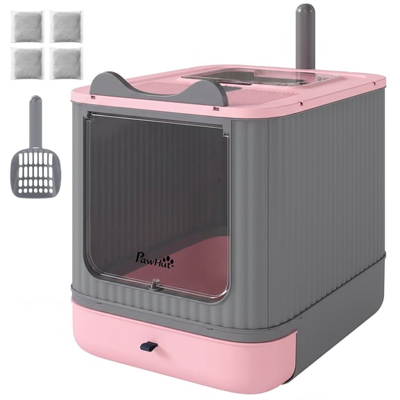 SSLZ Cat Litter Box with Lid, Enclosed Litter Box for Medium Cats, Front-Entry and Top-Exit, Scoop, Deodorizer Bag, Pink