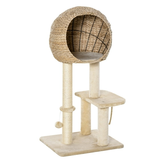 SSLZ Cat Tree with Sisal Scratching Post Condo and Hanging Rope 39" H, Beige