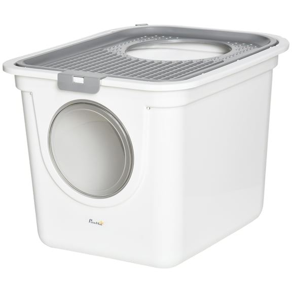 SSLZ Covered Cat Litter Box, Easy Cleaning Kitty Litter Box with Front Entrance, Top Exit, Scoop, for Odor Control, White