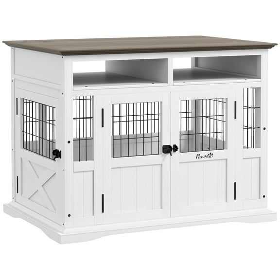 SSLZ Dog Kennel Furniture Side End Table with Storage, Double Doors for Small and Medium Dogs, White