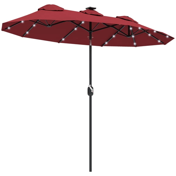SSLZ Double-sided Patio Umbrella, 9.7' Outdoor Umbrella with Tilt and Crank, LED Solar Light and 12 Ribs, Wine Red