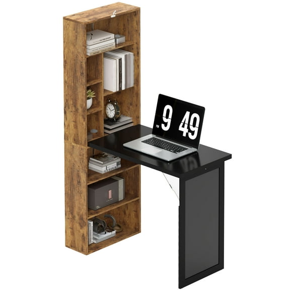 SSLZ Fold-out Convertible Home Office Desk, Computer Desk with Blackboard and Side Shelf, Rustic Brown