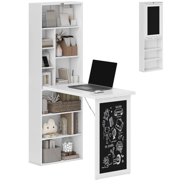 SSLZ Fold-out Convertible Office Desk, Wall Mount Computer Desk with Blackboard and Side Shelf, White