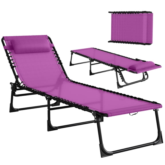 SSLZ Folding Chaise Lounge Pool Chair with 4-Position Reclining Back, Pillow, Breathable Mesh & Bungee Seat, Purple