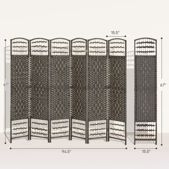 SSLZ Gray 6 Panel Folding Room Divider Portable Privacy Screen Wave Fiber Partition for Home Office Dark