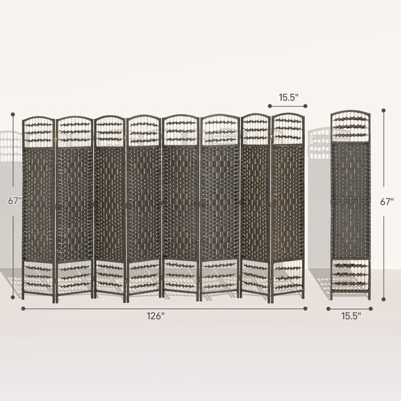 SSLZ Gray 8 Panel Folding Room Divider Portable Privacy Screen Wave Fiber Partition for Home Office Dark