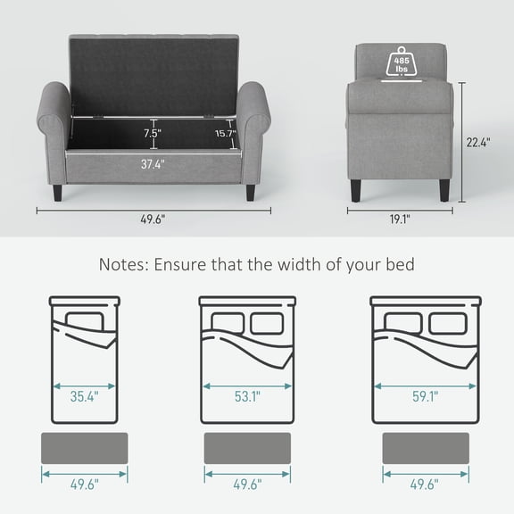 SSLZ Inches Ottoman, Bench Bench, Gray 50 Storage End of Bed with Rolled Arms, Wood Legs, Button Tufted