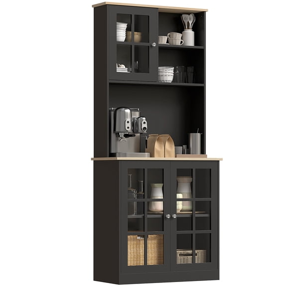 SSLZ Kitchen Pantry Storage Cabinet, 72" Freestanding Cabinet with Hutch, Large Countertop, Glass Doors and Adjustable Shelves for Dining Room, Black