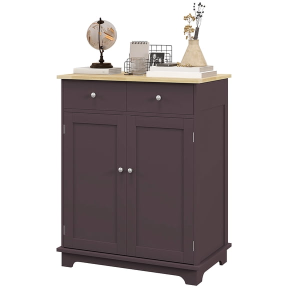 SSLZ Kitchen Storage Cabinet, Sideboard Floor Cupboard with Solid Wood Top, Adjustable Shelf, and 2 Drawers, Coffee