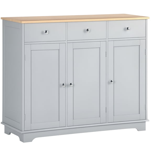SSLZ Kitchen Storage Cabinet, Sideboard Floor Cupboard with Solid Wood Top, Adjustable Shelf, and 3 Drawers, Gray
