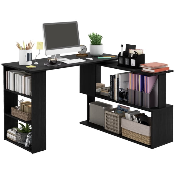 SSLZ L Shaped Desk, Corner Computer Desk, 360 Degree Rotating Home Office Desk with Storage Shelves, Writing Table Workstation, Black