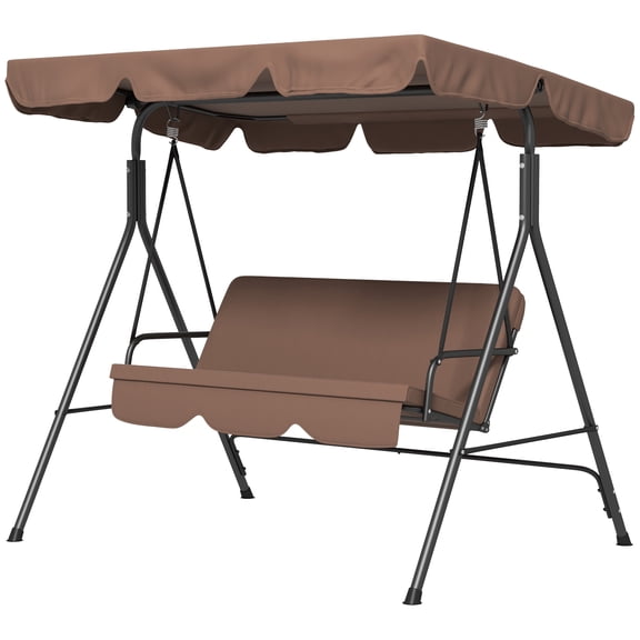 SSLZ Large Family Swing Set, 3-Seat Adjustable Canopy Swing Bench with Cushion, Steel Frame Stand for Patio, Garden, Family Use, Brown