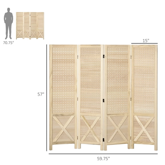 SSLZ Natural 4.7' 4 Panel Wooden Room Divider with Pegboard Display, Folding Privacy Screen for Home Office,