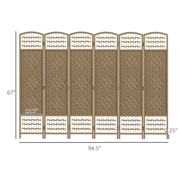 SSLZ Natural 6 Panel Folding Room Divider Portable Privacy Screen Wave Fiber Partition for Home Office