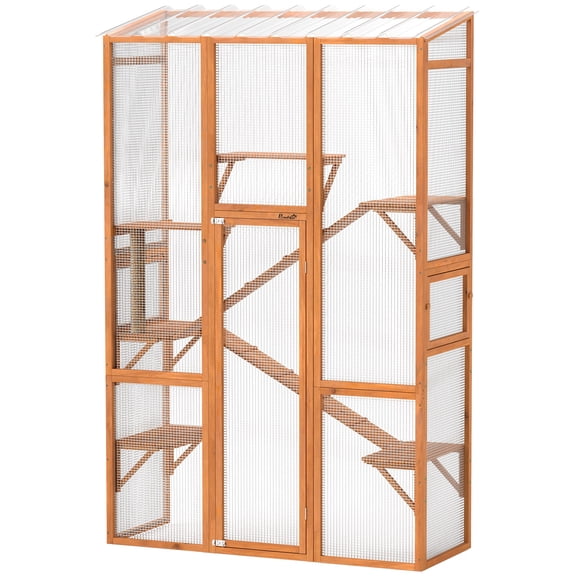 SSLZ Outdoor Catio Cat Enclosure, Large Wooden Cat House with 6 Jumping Platforms, Scratching Post, 2 Ramps, for 2-3 Kittens