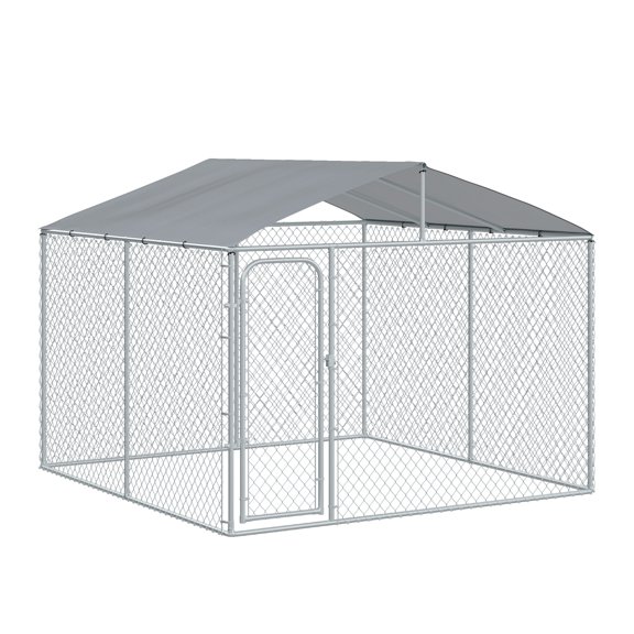 SSLZ Outdoor Dog Kennel Galvanized Steel Fence with Cover Secure Lock Mesh Sidewalls for Backyard 9.8' x 9.8' x 7.7'