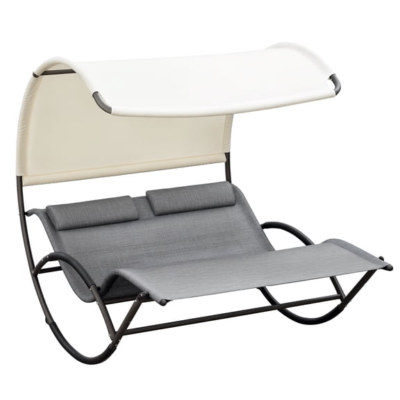 SSLZ Outdoor Double Chaise Rocking Chair, Day Bed Sun Lounger with Canopy Shade, Headrest Pillow, Armrests for Garden, Poolside, Light Gray