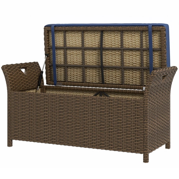 SSLZ Outdoor Patio Wicker Storage Bench, 2-In-1 Rattan Patio Furniture, 29 Gal Storage Box w/ Cushion, Dark Blue