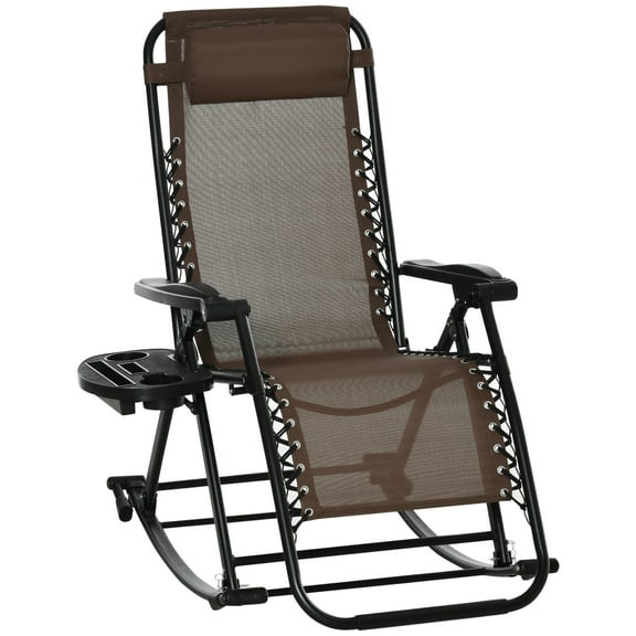 SSLZ Outdoor Rocking Chairs, Foldable Reclining Zero Gravity Lounge Rocker with Pillow, Cup & Phone Holder, Combo Design with Folding Legs, Brown
