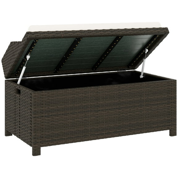 SSLZ Outdoor Wicker Storage Bench with Storage & Cushion, Cream White