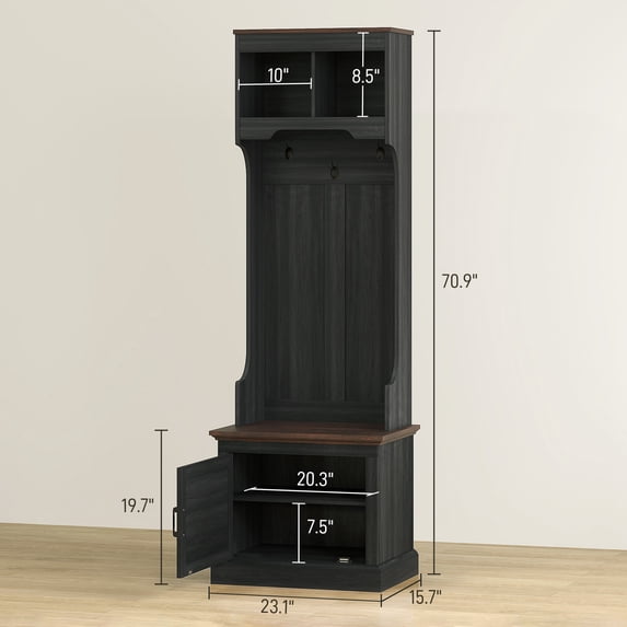 SSLZ Rack Bench, Black 3-in-1 Hall Tree with Shoe Storage, Coat Entryway Furniture Five Hooks, Wood Grain
