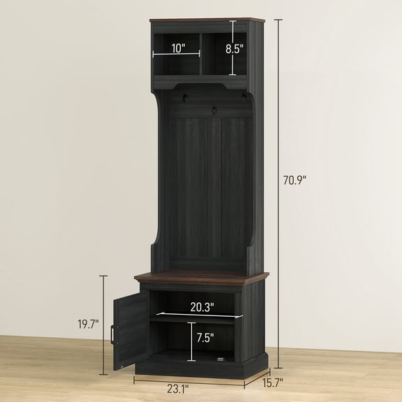SSLZ Rack Bench, Black 3-in-1 Hall Tree with Shoe Storage, Coat Entryway Furniture Five Hooks, Wood Grain