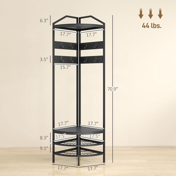 SSLZ Rack Black Corner Hall Tree, Industrial 4-Tier Coat with Shoe Storage, 8 Movable Hooks and 2 Shelves for Hallway,