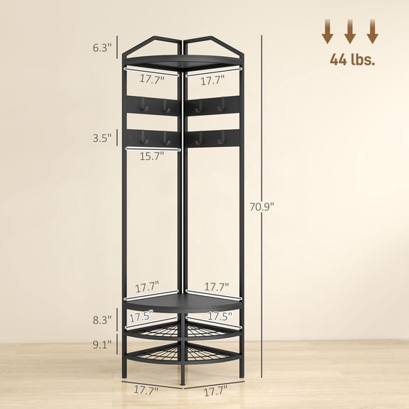 SSLZ Rack Black Corner Hall Tree, Industrial 4-Tier Coat with Shoe Storage, 8 Movable Hooks and 2 Shelves for Hallway,
