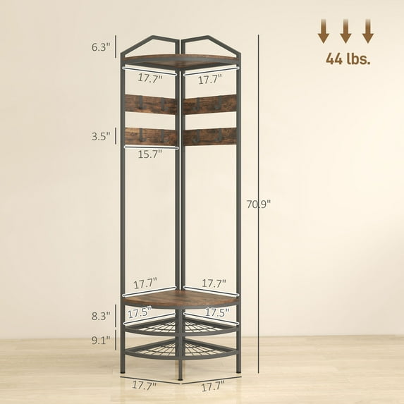 SSLZ Rack Rustic Brown Corner Hall Tree, Industrial 4-Tier Coat with Shoe Storage, 8 Movable Hooks and 2 Shelves for Hallway,