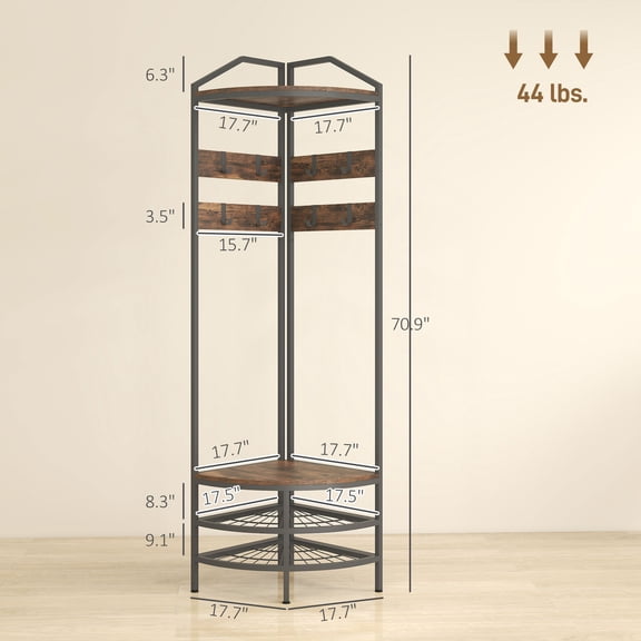 SSLZ Rack Rustic Brown Corner Hall Tree, Industrial 4-Tier Coat with Shoe Storage, 8 Movable Hooks and 2 Shelves for Hallway,